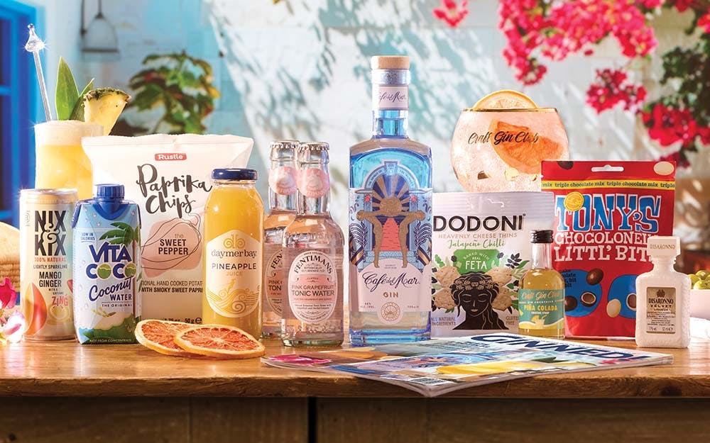 The contents of Craft Gin Club's July 2024 Gin of the Month box