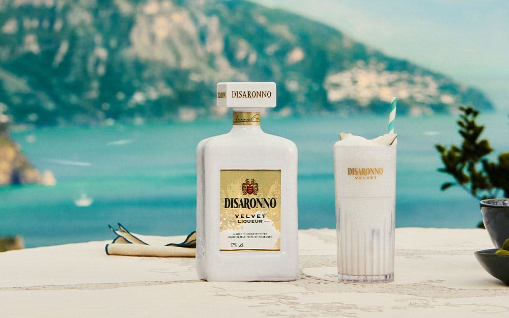 Disaronno Velvet Batida cocktail in a Mediterranean setting